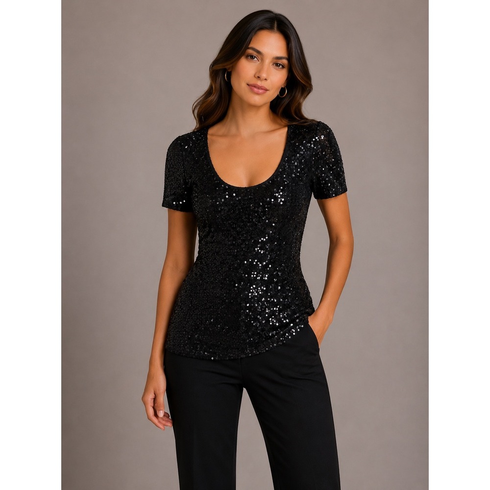 Karen Kane Womens Black Sequin Scoop Neck Short Sleeve Top Size S‎ RN 59168